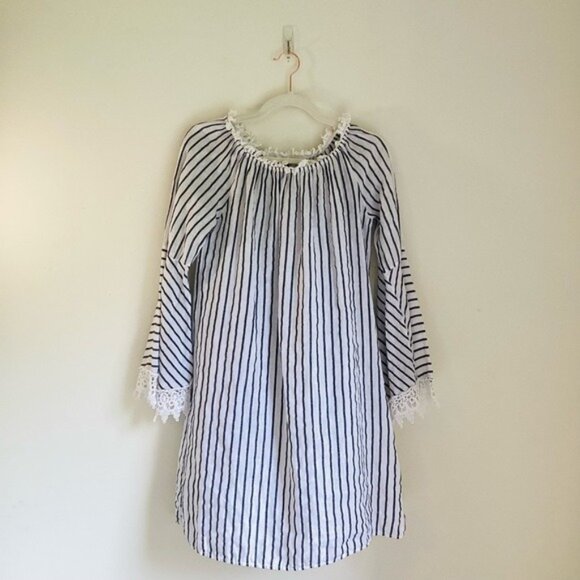 Lungo La’rno Striped Linen Dress W/ Bell Sleeves & Lace Detail Size S 100% Linen - Picture 2 of 10